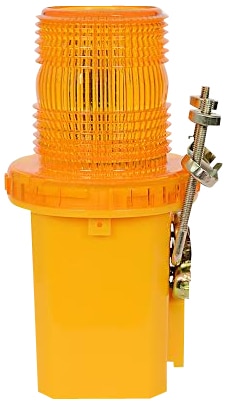 Orange warning beacon light mounted on a yellow base with a metal mounting clamp for industrial use