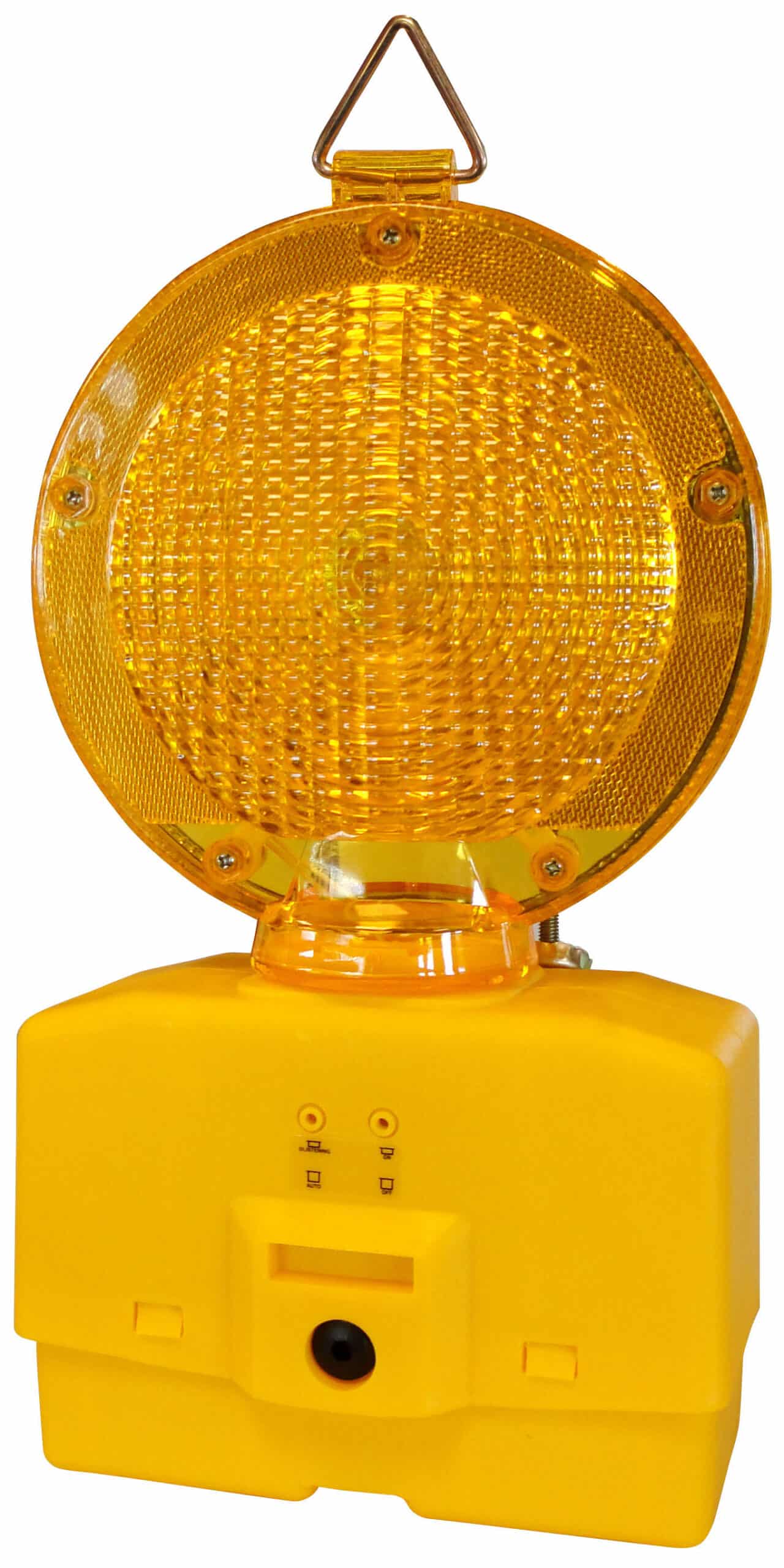Portable amber warning beacon with a circular lens on a yellow base, used for construction or road safety