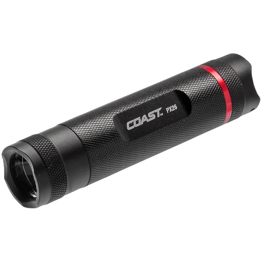 Compact black flashlight with knurled grip and red accent ring on the body