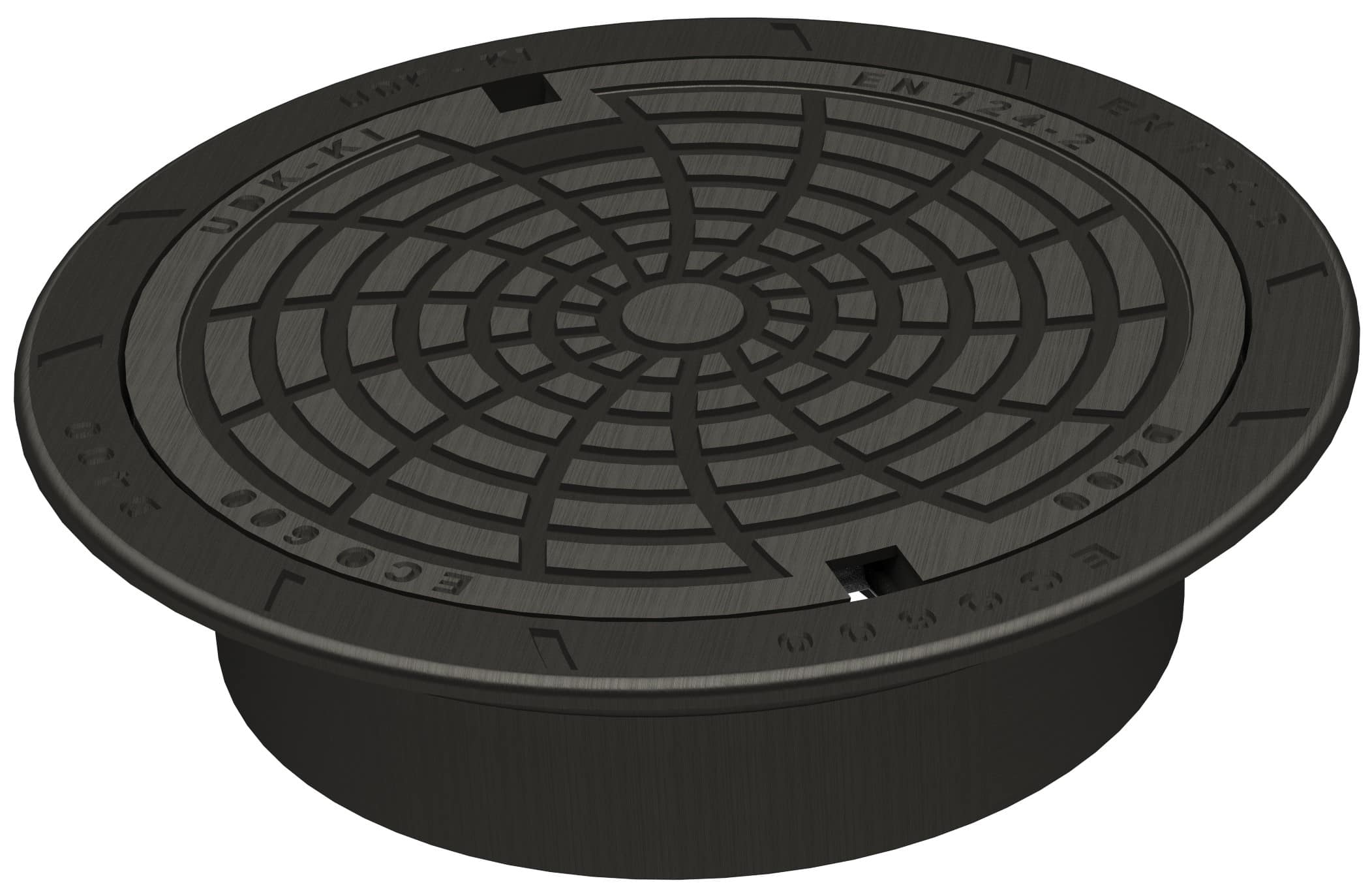 Round metal manhole cover with a radial lattice pattern and textured surface.