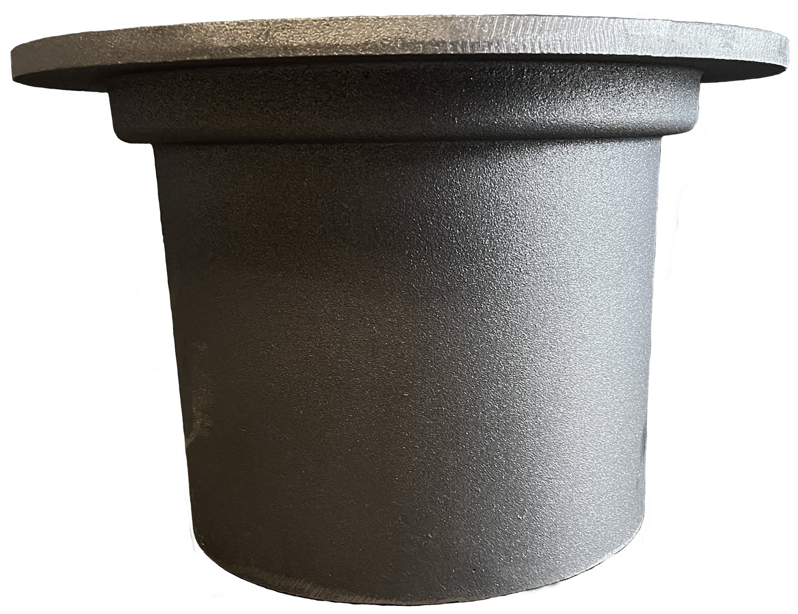 Close-up of a textured dark gray cylindrical object with a wide flat rim on top, viewed from the side.