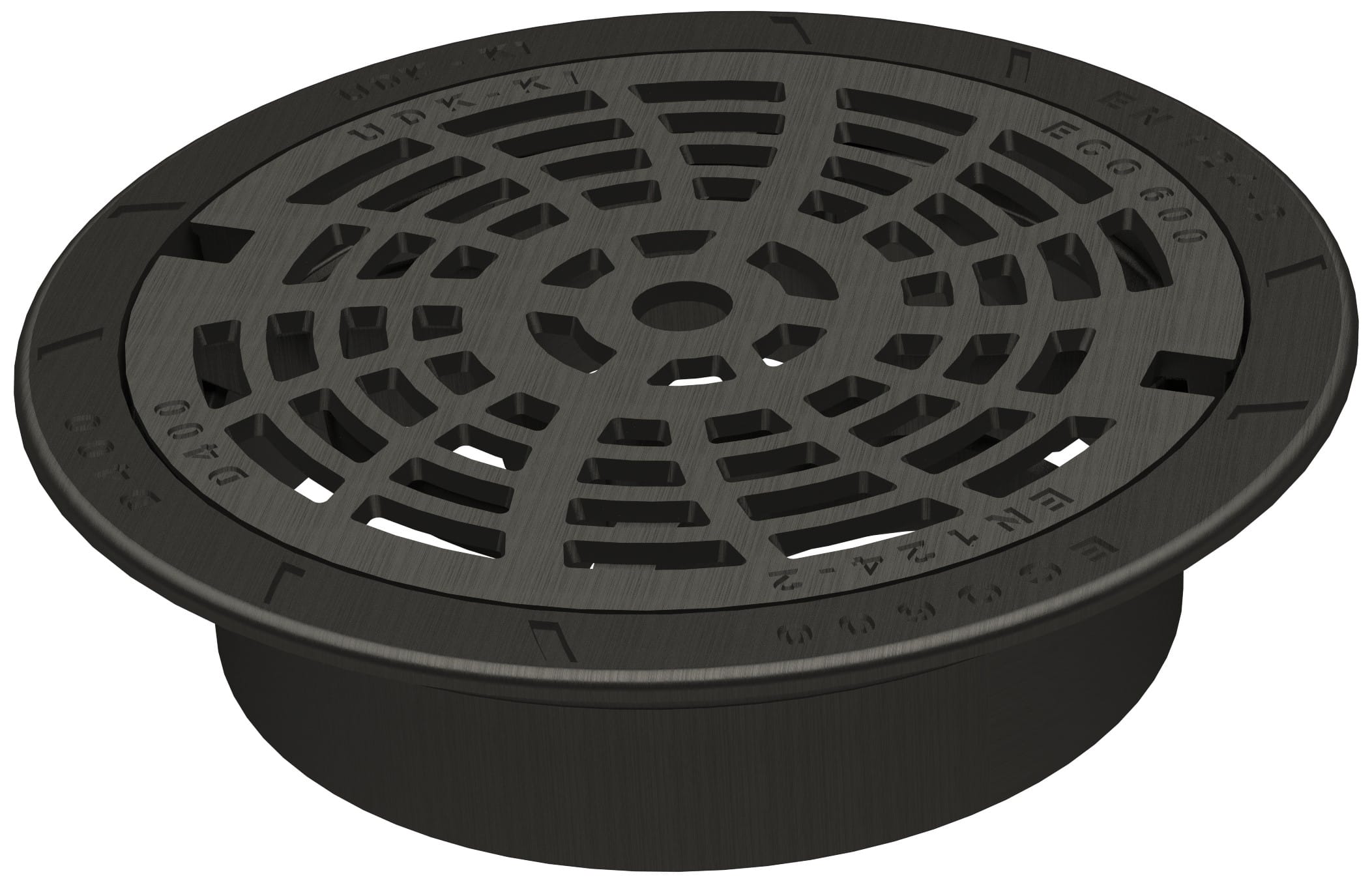 Close-up of a round black metal drain cover with a lattice of rectangular slots and an outer ring.