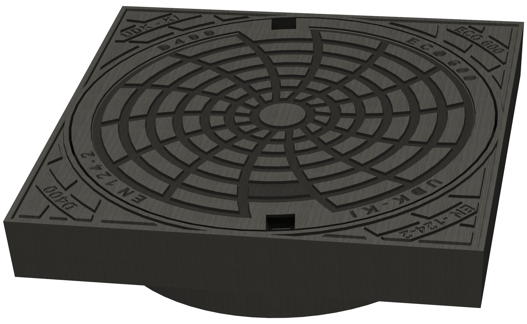 Square metal manhole cover seen at an angle, featuring a radial, lattice-like circular pattern and engraved text/icons around the edge.