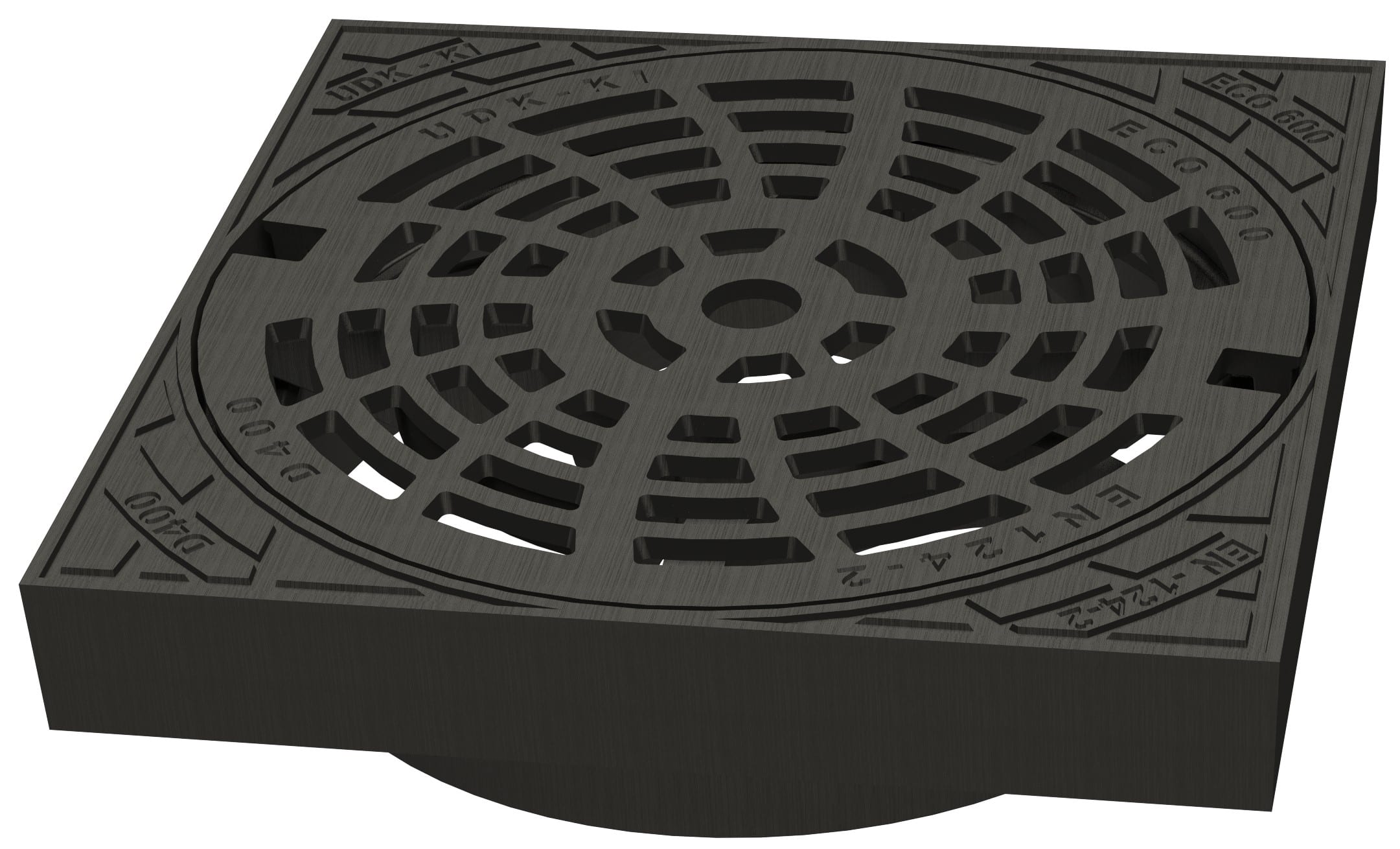 3D render of a square metal manhole cover with a circular perforated grate and engraved edge markings, resembling a street drain cover