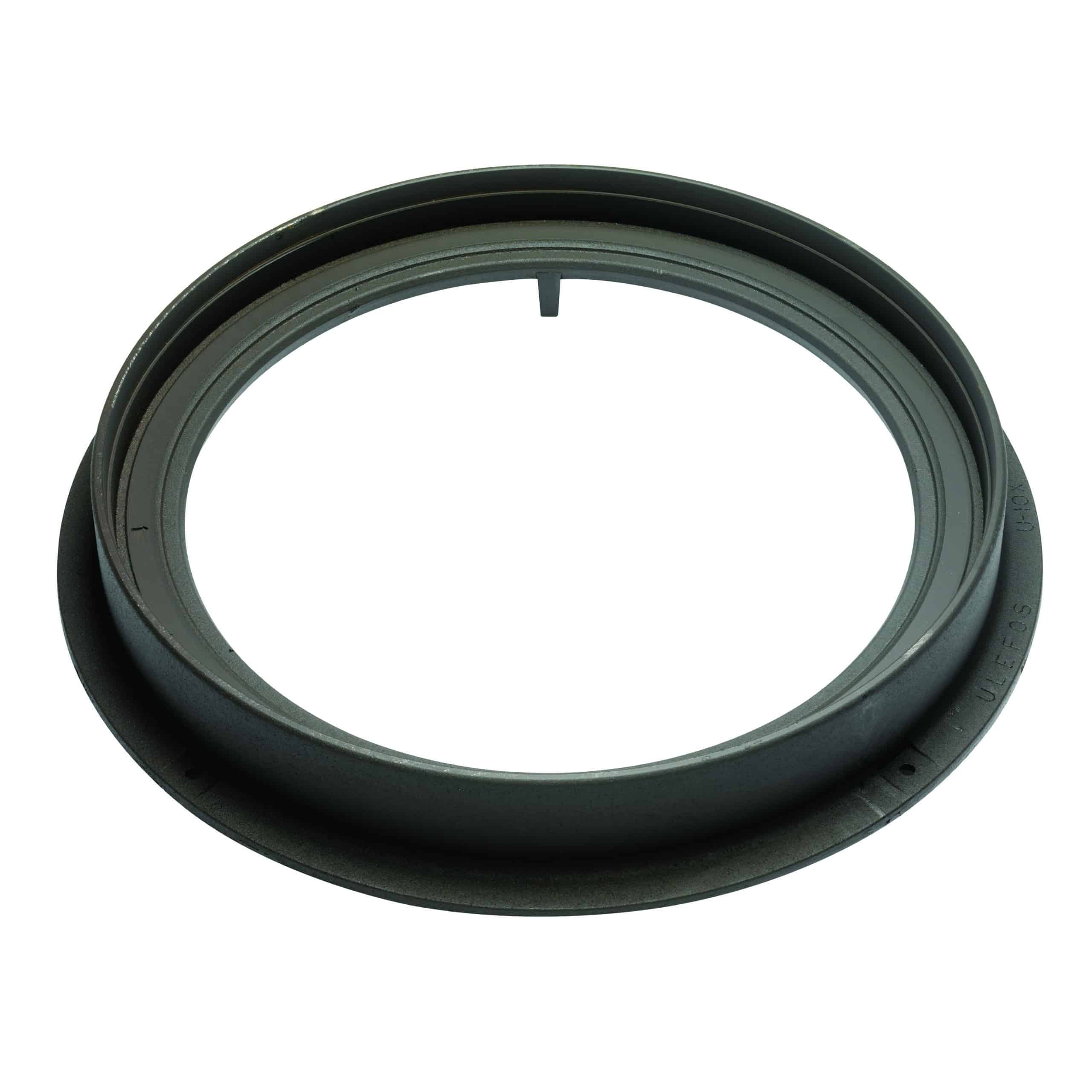 Close-up of a dark gray circular metal camera lens ring with a small center notch.