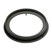 Black circular camera lens adapter ring photographed from above, empty center visible at the white background.