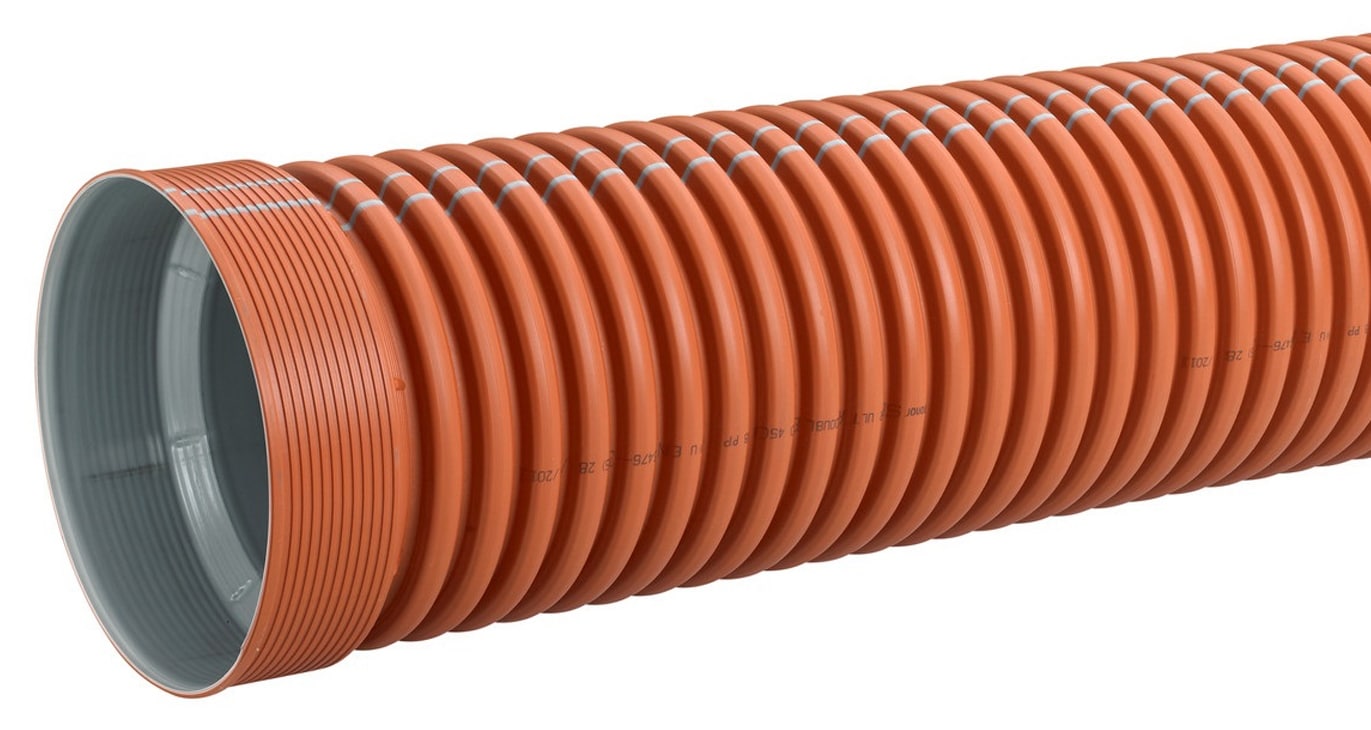 Orange corrugated plastic pipe with a grey interior, shown in a long cylindrical form on a white background