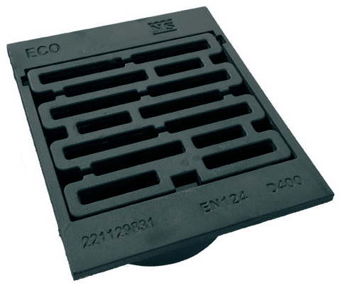 Square floor drain grate with parallel rectangular slots; markings read ECO and EN 124 D400 on the edge.