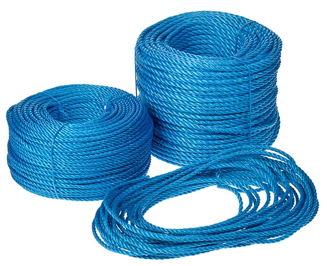 Blue braided ropes in three coils on a white background, with varying sizes and a loose loop in the front.