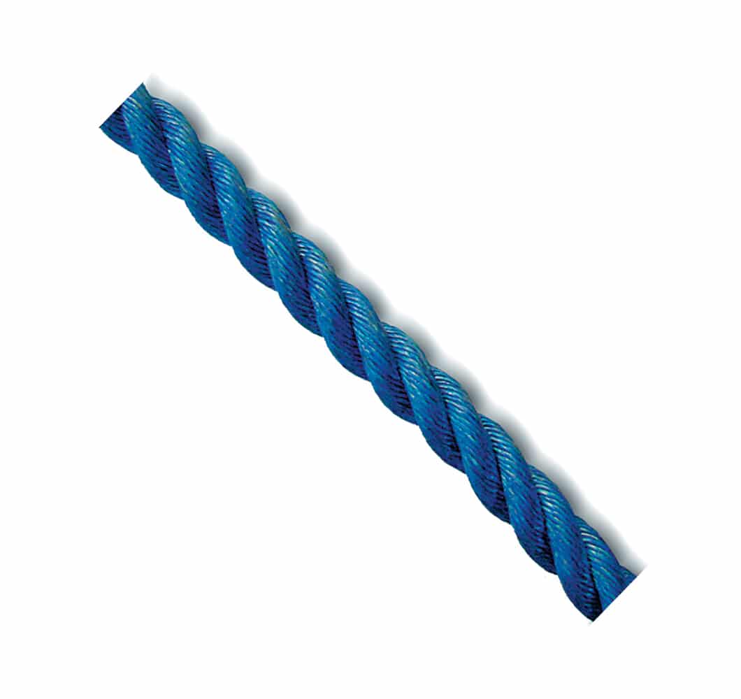 Blue twisted rope diagonally across a white background, showing braided fibers and texture.
