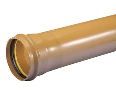 Brown plastic pipe end with a yellow gasket visible inside, shown at an angle.
