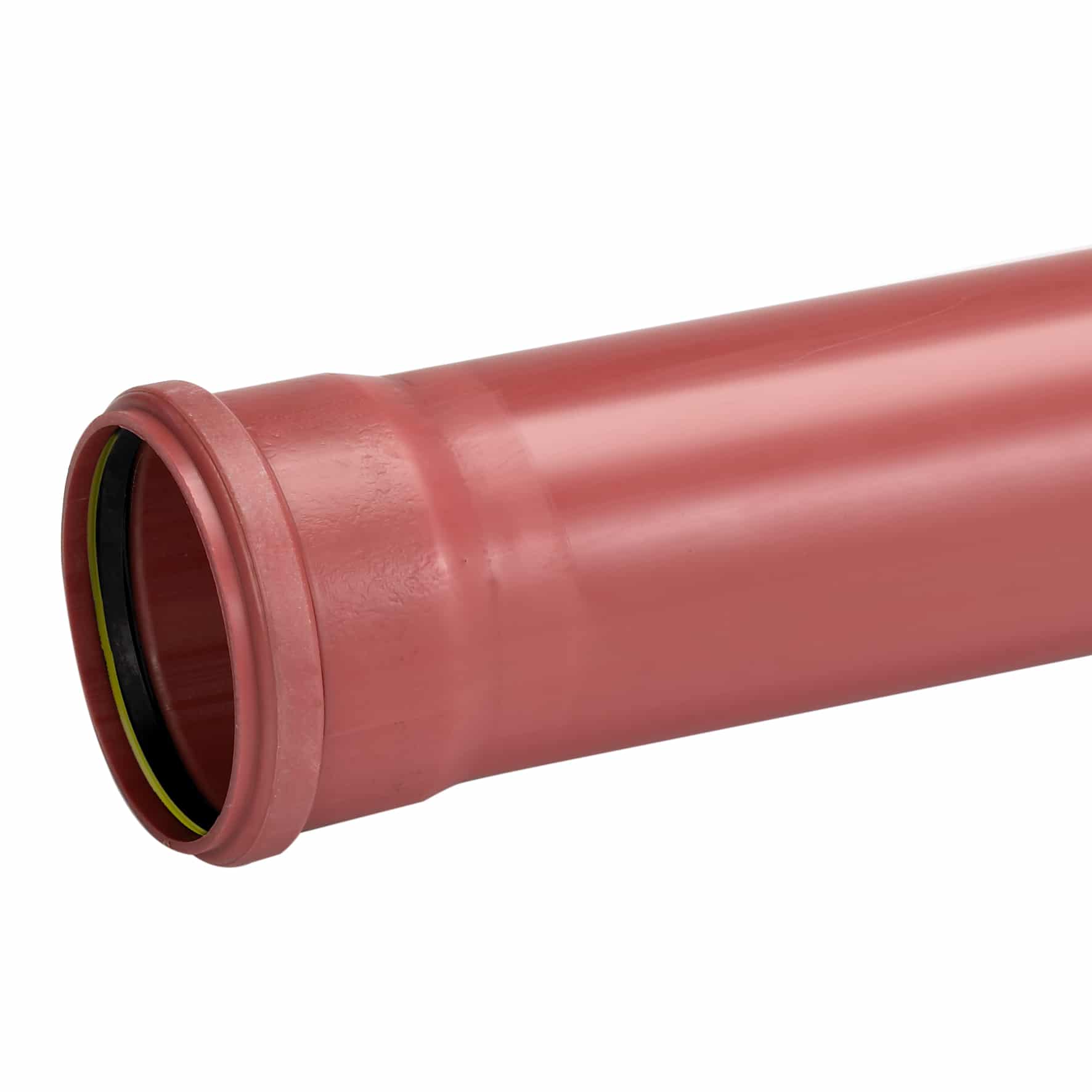 Close-up of a pink PVC pipe end with a visible black gasket inside the opening, set against a white background, angled diagonally.