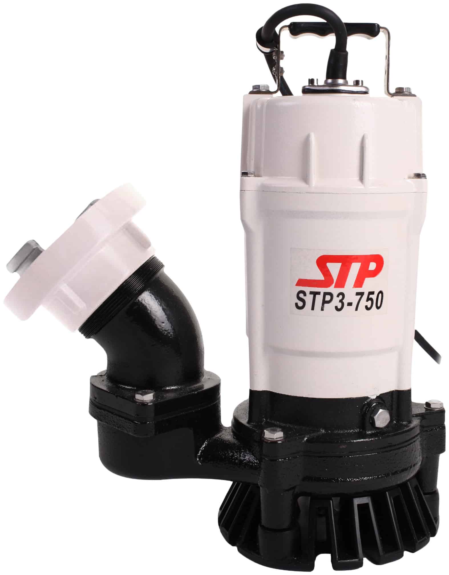 White and black submersible water pump with curved inlet/outlet and STP3-750 label visible