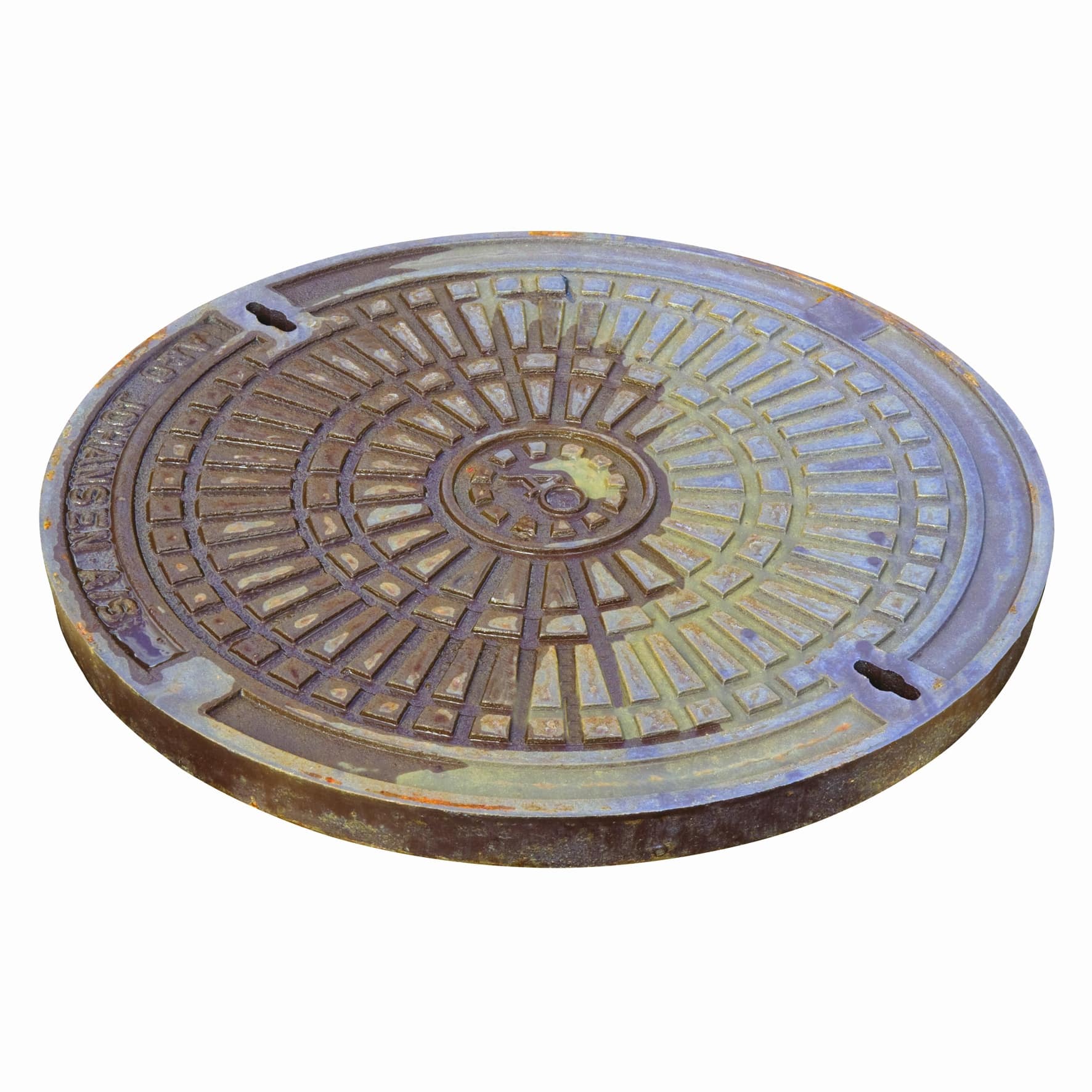 Close-up of a weathered circular manhole cover with a radiating square pattern and rusting edge.