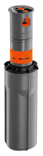 Vertical irrigation valve housing with orange actuator and black top cap, designed for underground sprinkler systems.