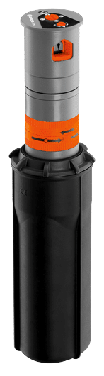 Irrigation sprinkler head with orange adjustment ring and black base, shown upright for watering control.