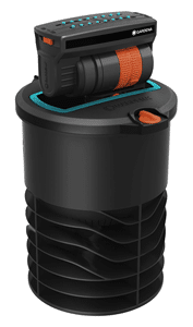 Black cylindrical device with a detachable top control unit featuring blue accents and an orange belt detail on the roller, suggesting an industrial equipment component.
