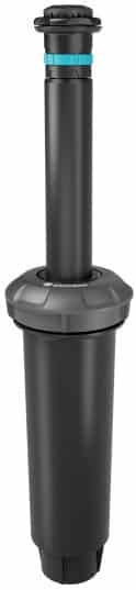 Black plastic sink drain pop-up assembly with vertical lift rod and blue adjustment ring, used to open and close the sink drain.