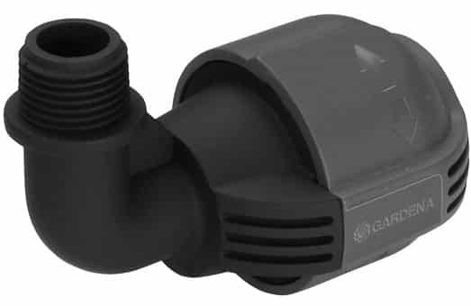 90-degree plastic hose elbow adapter (GARDENA) with a threaded female end and a barbed hose connection