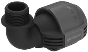 90-degree hose connector elbow with black elbow and gray locking collar (GARDENA).