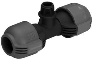Three-way plastic irrigation valve tee with gray compression ends and a black control valve, used to divert water in a sprinkler system.
