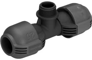 Three-way plastic pipe fitting (tee) with a small valve in the center, used to join three PVC pipes.
