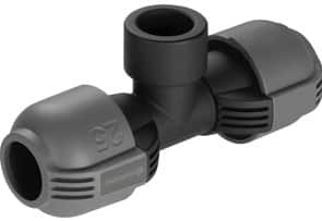 Grey plastic three-way irrigation fitting (T-shaped) with three hose connections used to split flow