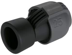 Gray plastic hose connector with a black end cap, size 25