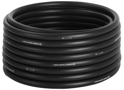 Coiled black rubber hose with multiple loops stacked in a circle, showing ridged texture and white markings along the tubing.