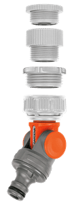 Industrial hose coupling with three stacked metal adapters and an orange valve knob at the bottom.