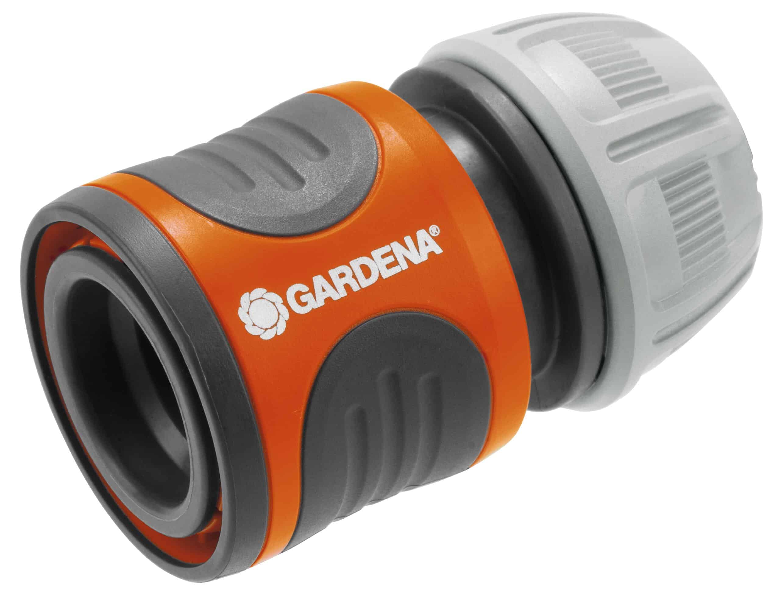 Close-up of a gray and orange GARDENA hose connector with textured grip.