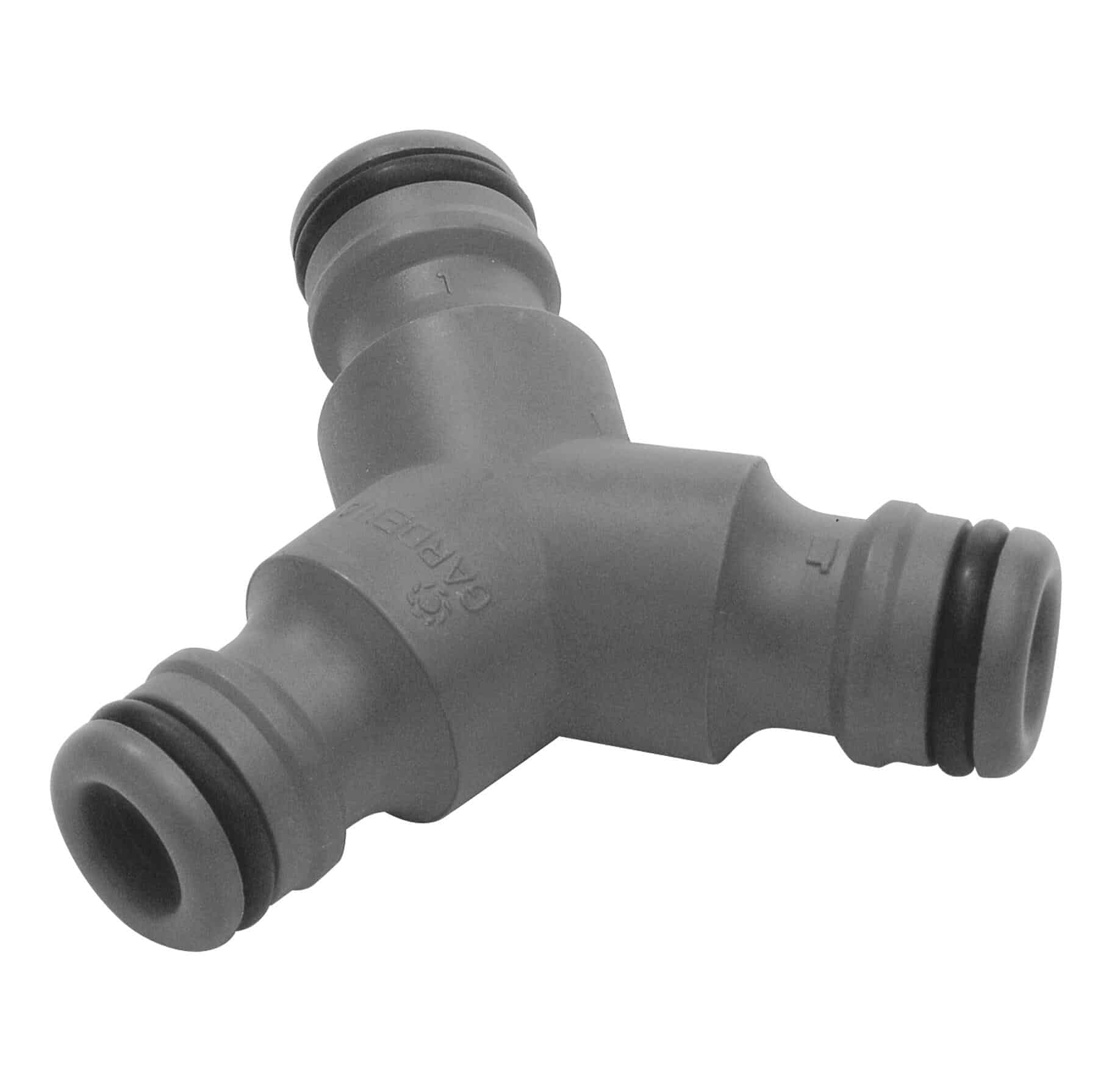 Close-up of a gray plastic hose connector with a rubber gasket, viewed at an angle.