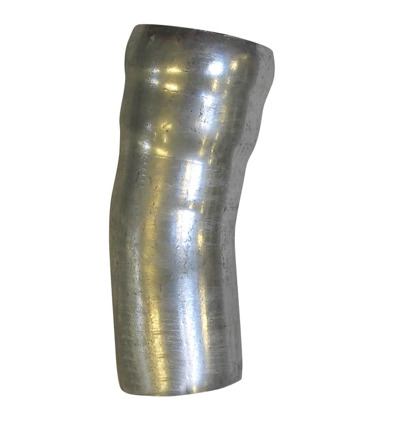 Curved aluminum pipe elbow with a smooth, reflective surface used in plumbing or ductwork