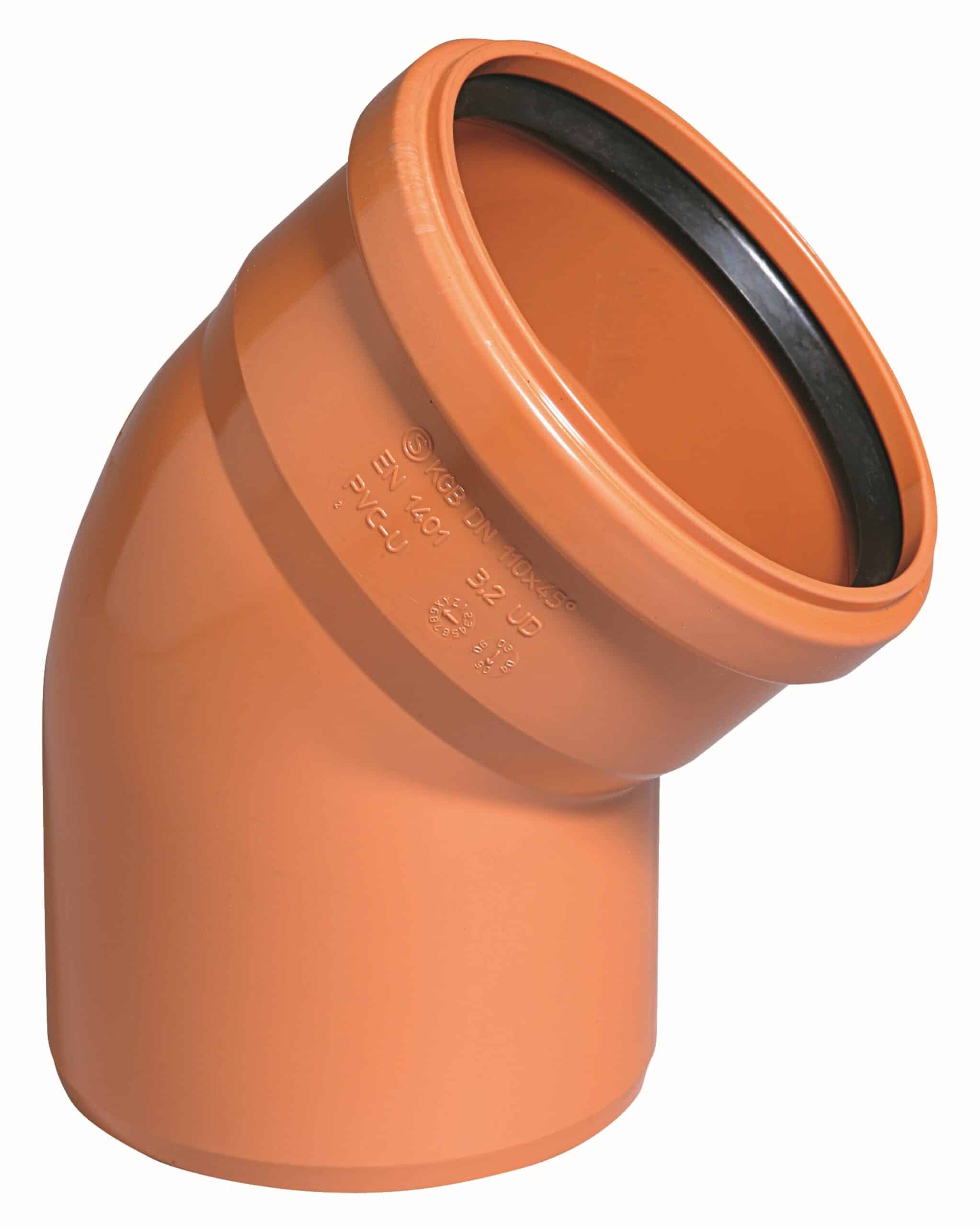 Close-up of an orange PVC pipe elbow with a black rubber gasket visible at the joint