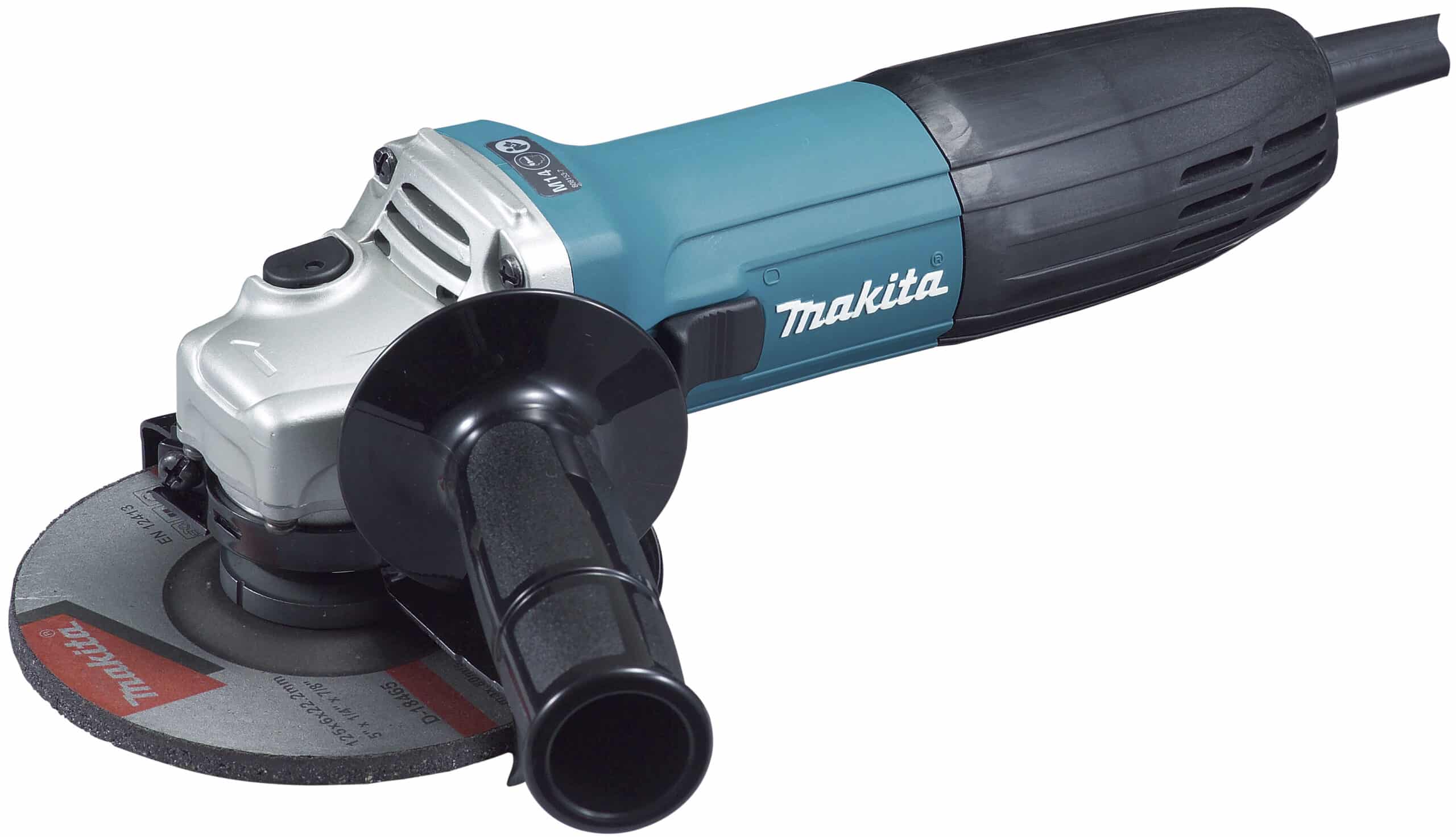 Makita angle grinder with blue body and black handle and grinding disc attached to a metal base fielded for cutting.