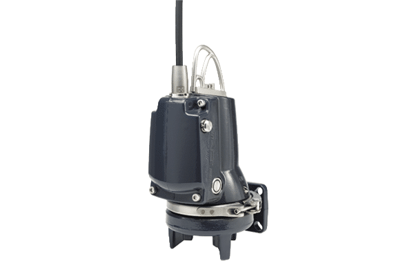 Blue/gray submersible water pump with vertical power cord and metal discharge fittings