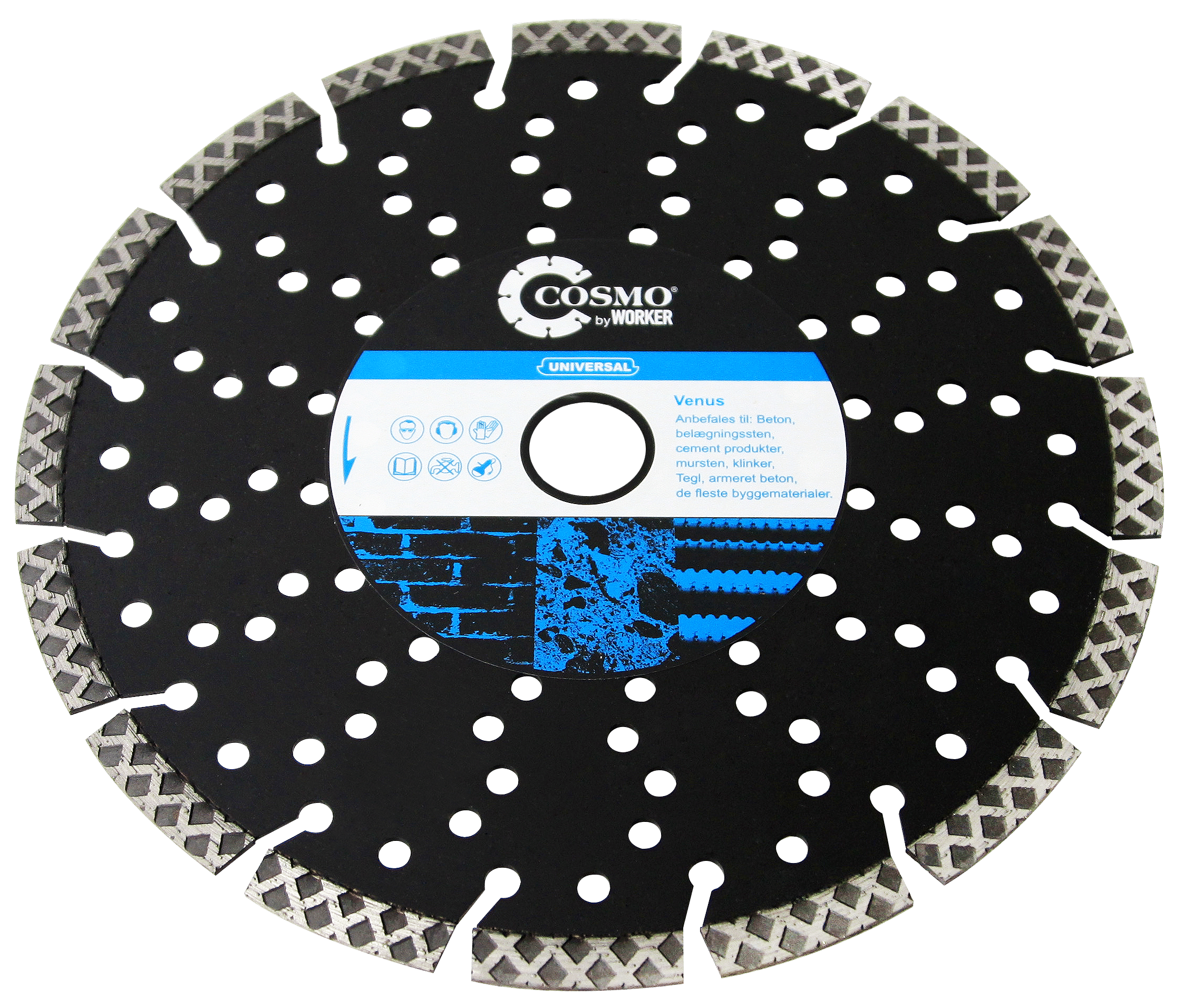 Close-up of a segmented diamond grinding wheel with perforated black metal surface and a blue label in the center.