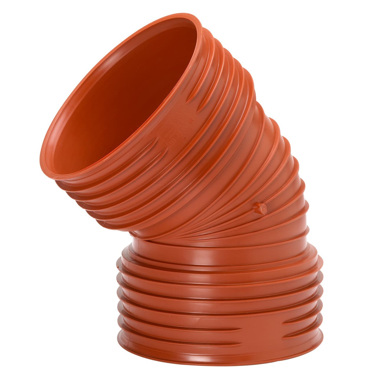 Orange corrugated plastic duct forming a 90-degree elbow for ventilation or exhaust systems (industrial tubing)