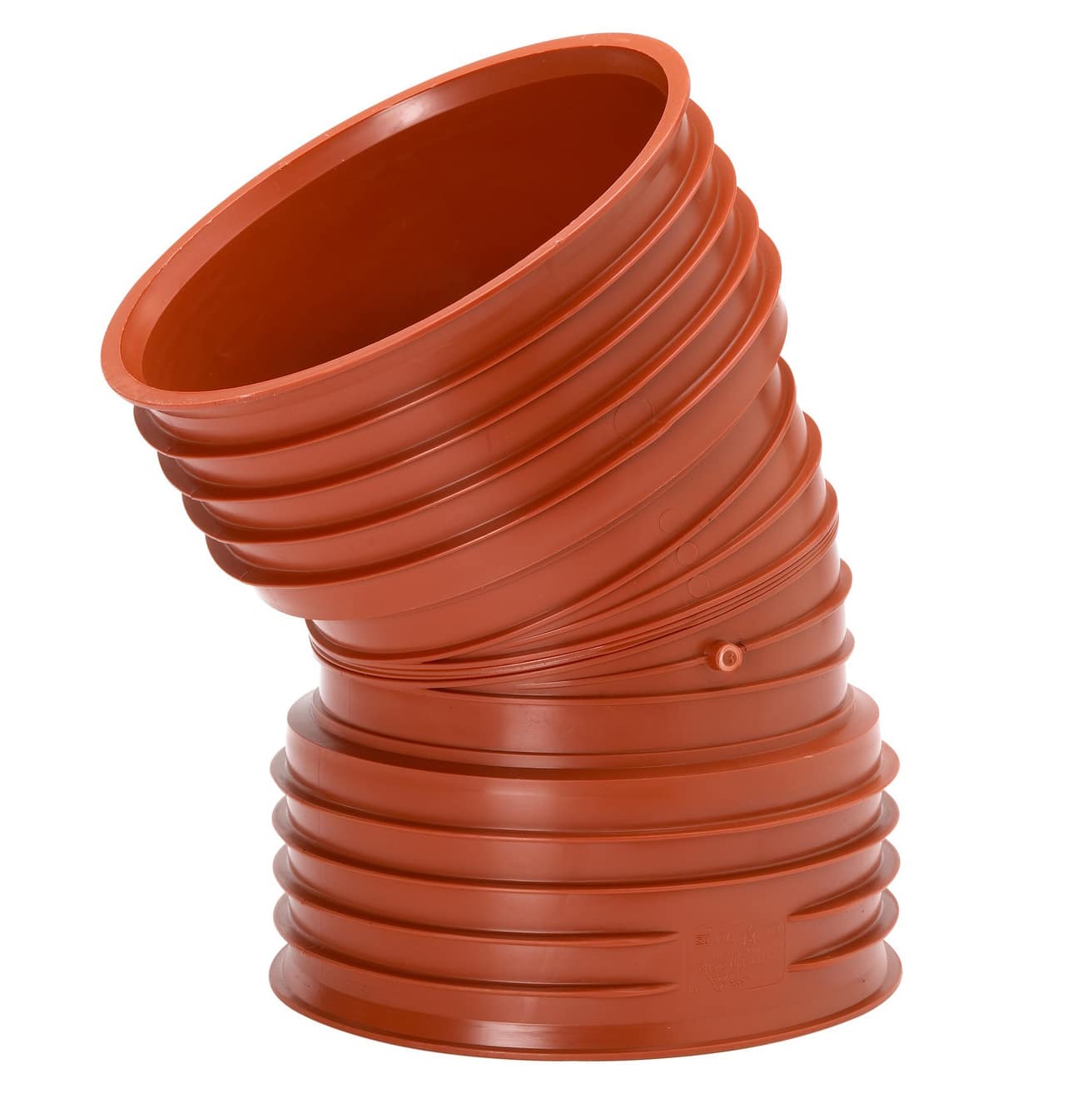 Red flexible corrugated duct hose coiled into a spiral, showing multiple ridges and a wide opening at the top/left edge