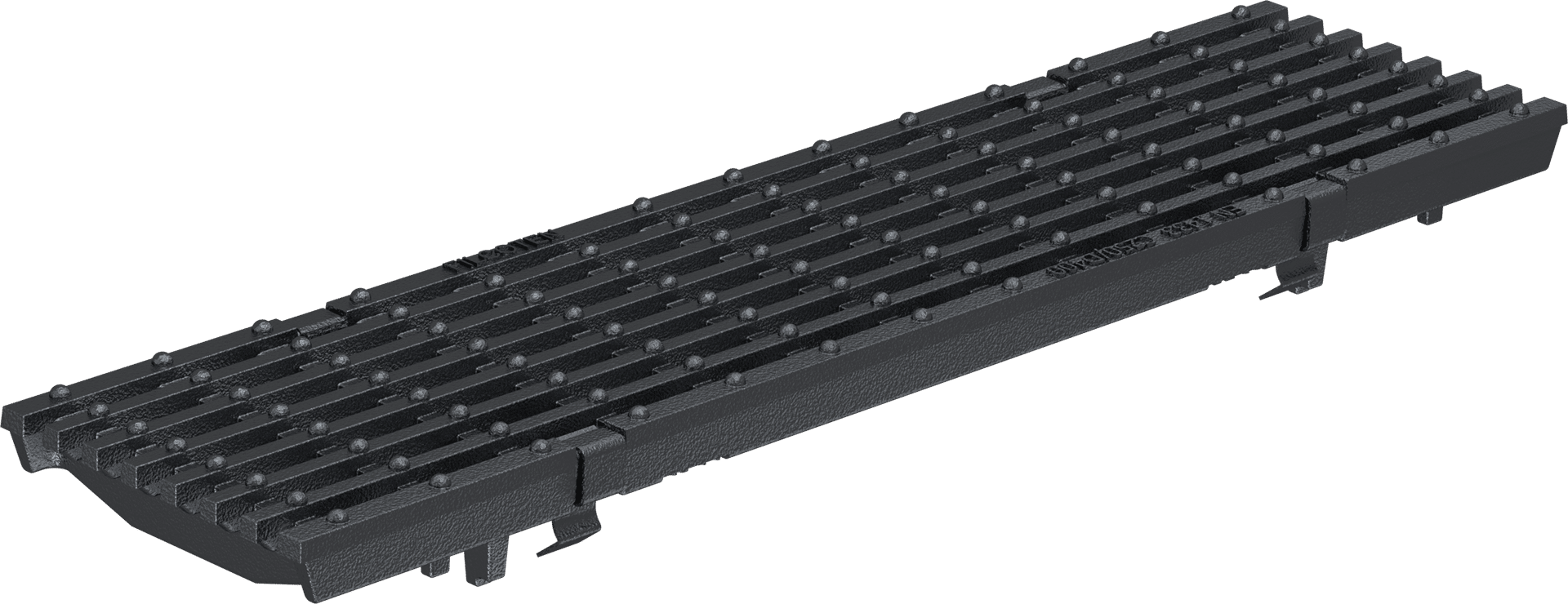 Long black metal grate with evenly spaced parallel rails and knurled studs, an industrial anti-slip tread plate surface for grip? (informative)