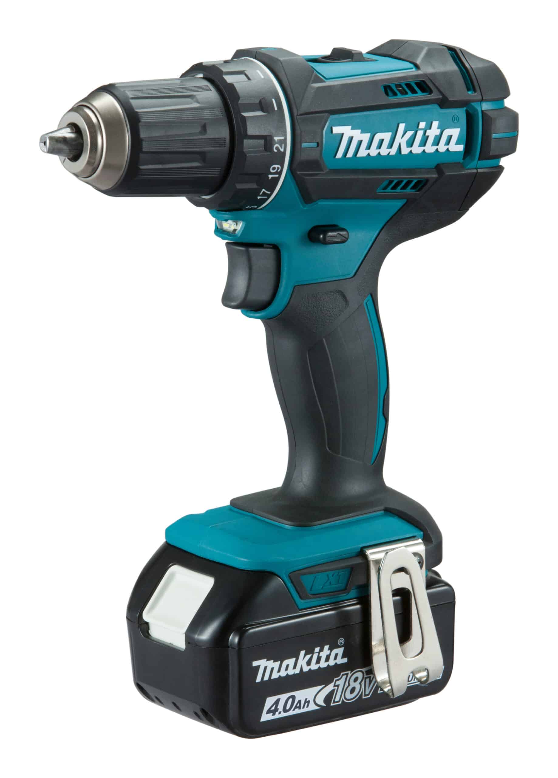 Cordless power drill with teal and black housing, Makita logo, and a visible 18V battery.