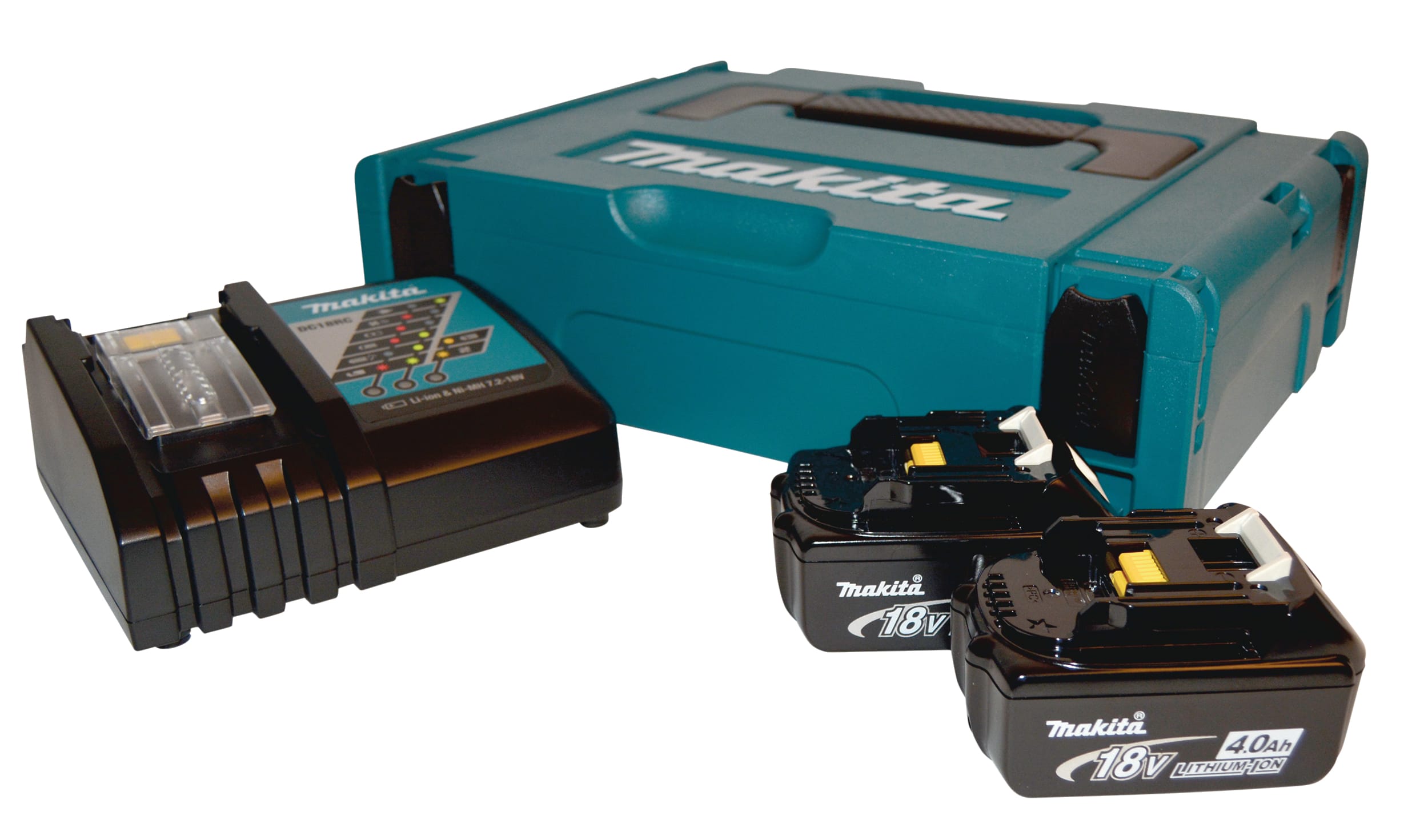 Blue cordless tool battery charger with multiple Makita 18V lithium-ion batteries nearby, ready to charge or swap.