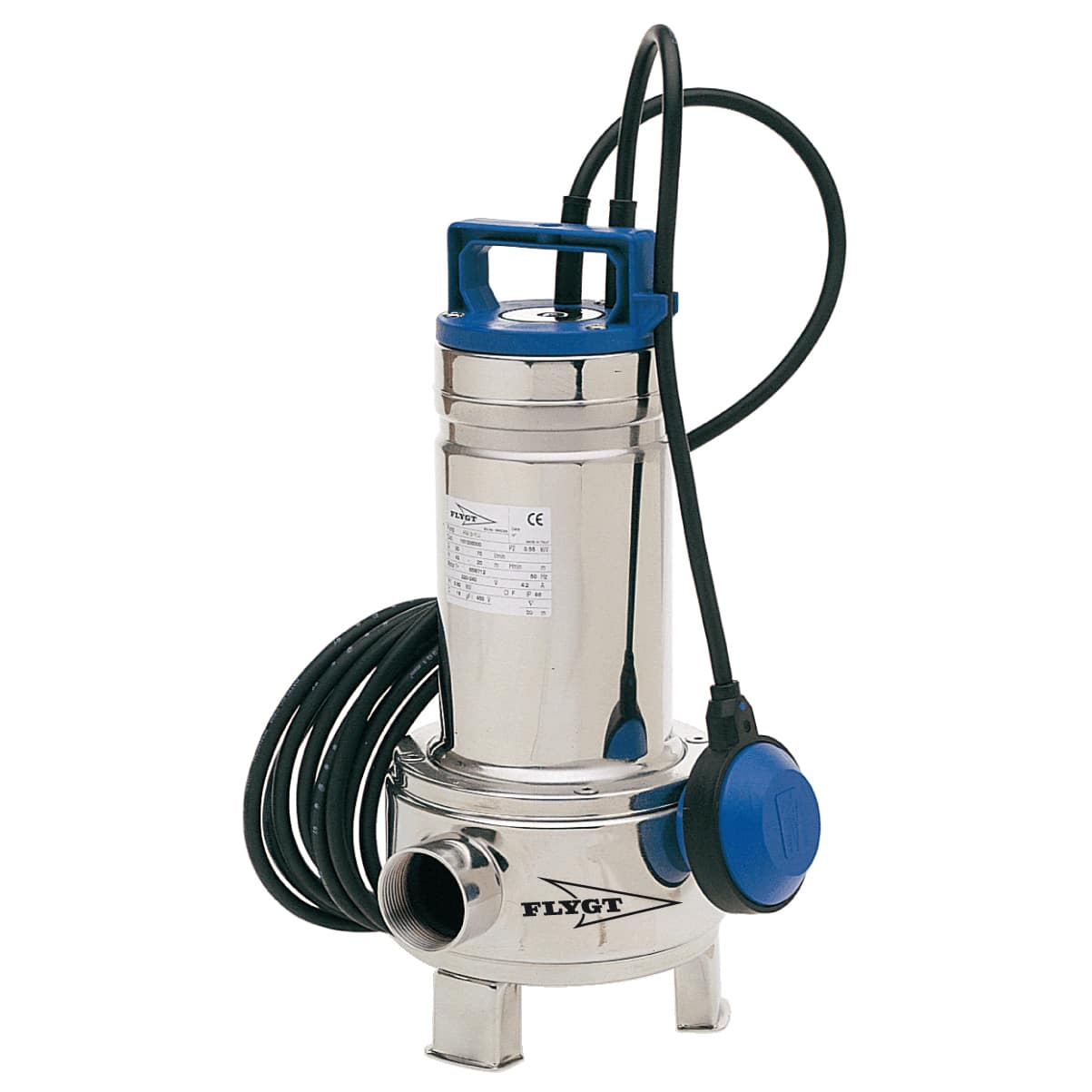 Stainless steel submersible pump with a blue top and a long power cord attached.