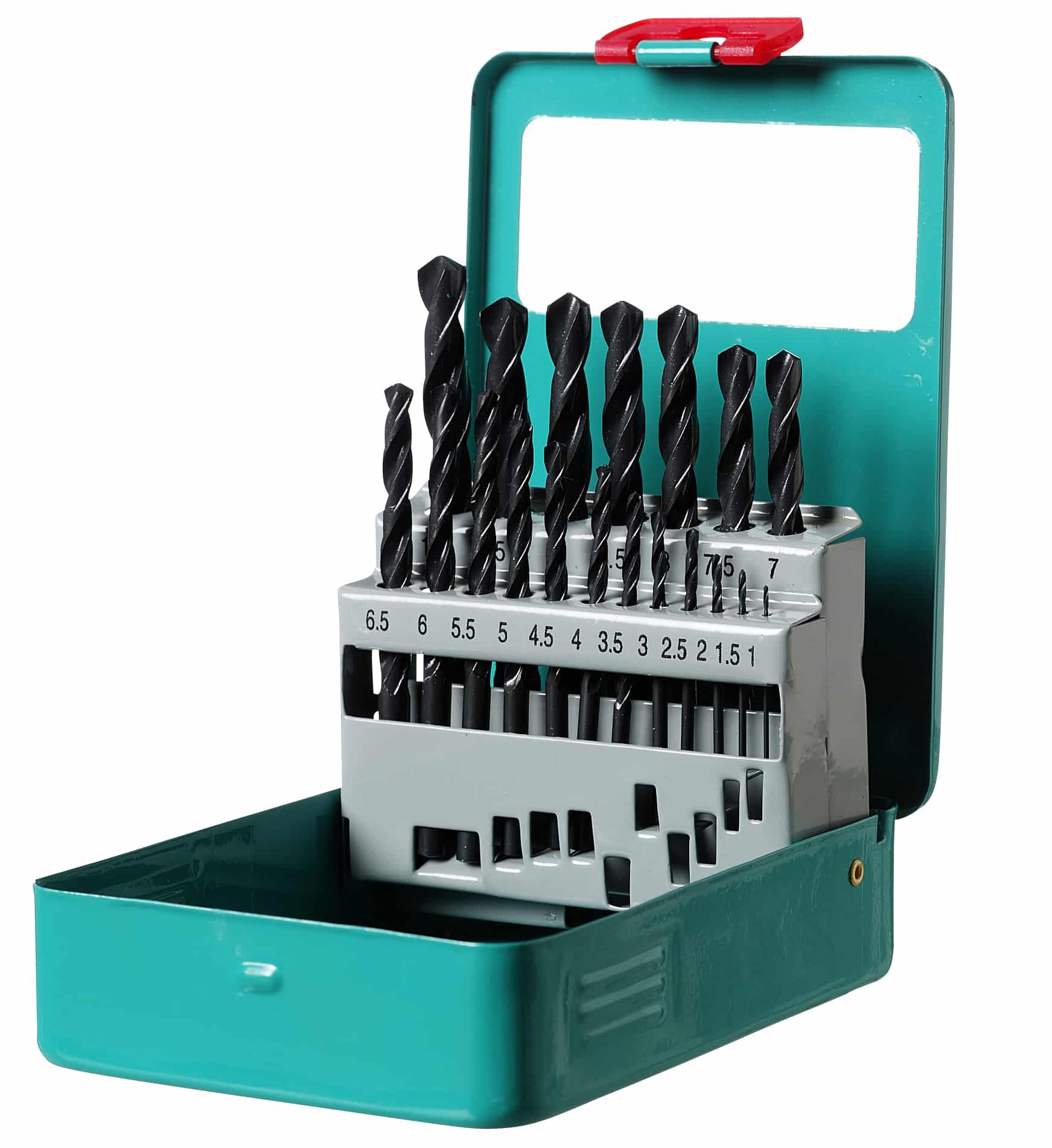 Open teal drill-bit set with black twist bits arranged by size; red latch on top of the case.