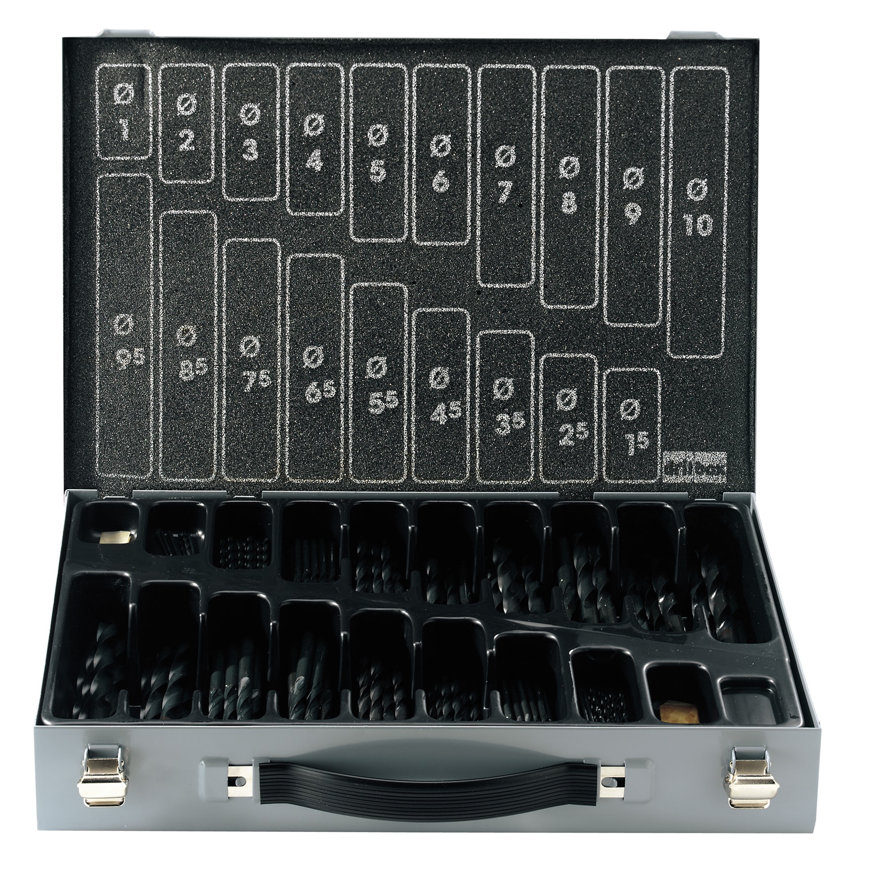 Top-down view of an open drill bit set case with a foam insert displaying many empty bit slots and metal latches on the front