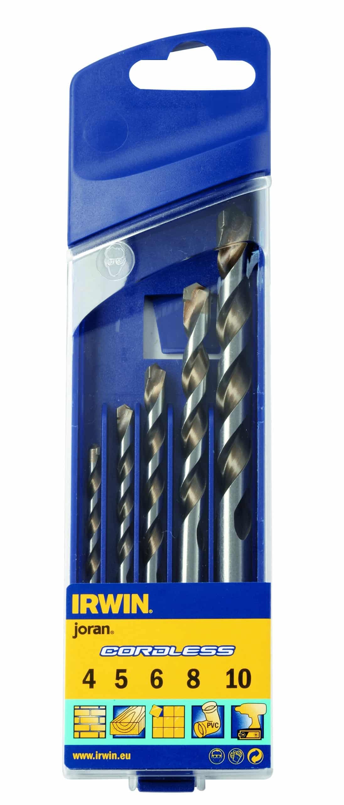 Cordless drill bit set in blue case with sizes 4–10 mm (Irwin brand) displayed on yellow label