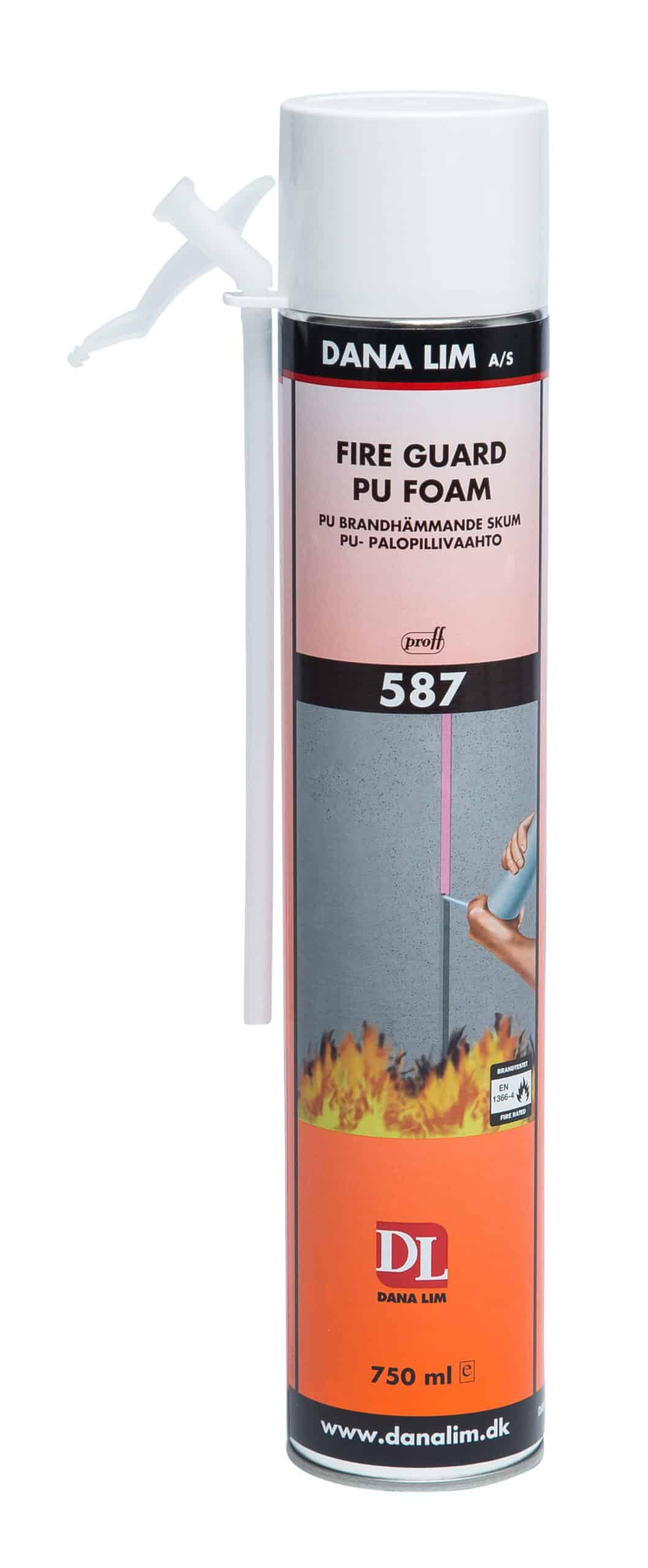Full-length can of Dana Lim Fire Guard PU Foam spray with attached nozzle and orange label, 750 ml