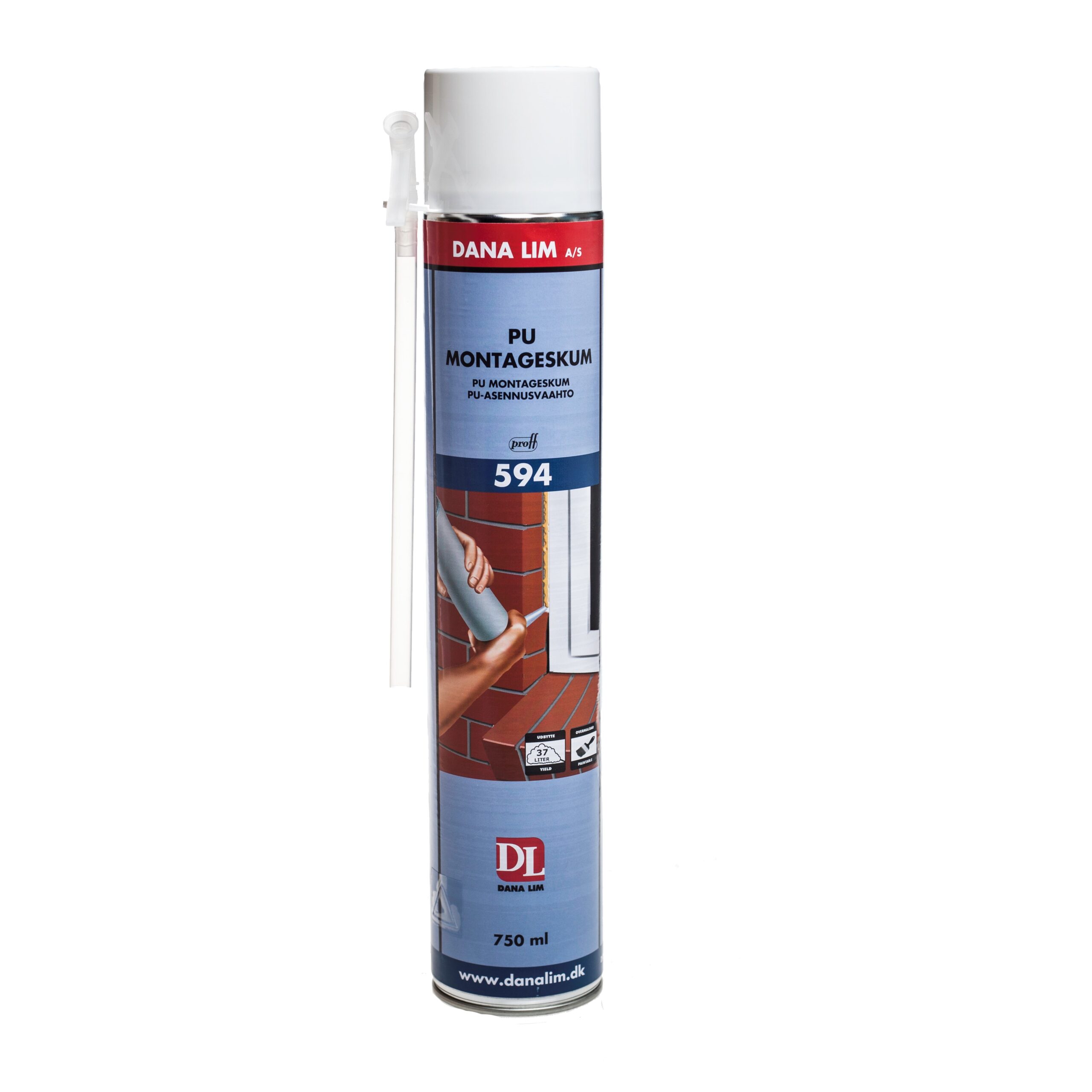Tall Dana Lim PU Montageskum spray can with white cap and blue label, 750 ml capacity