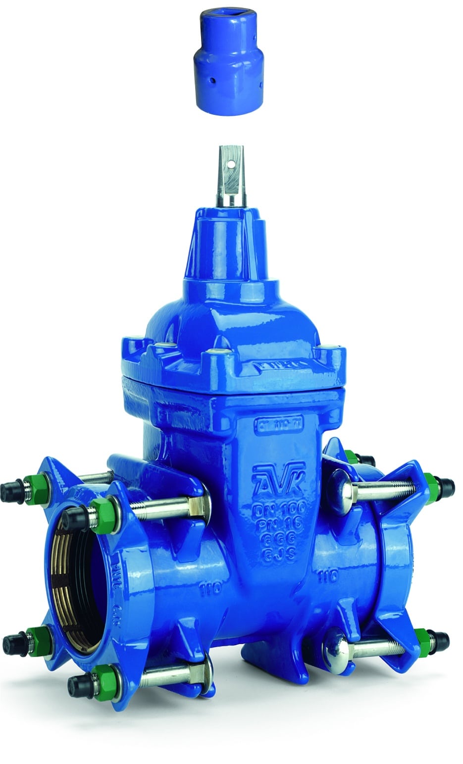 Blue industrial valve with four flange connections and green bolts on each flange.