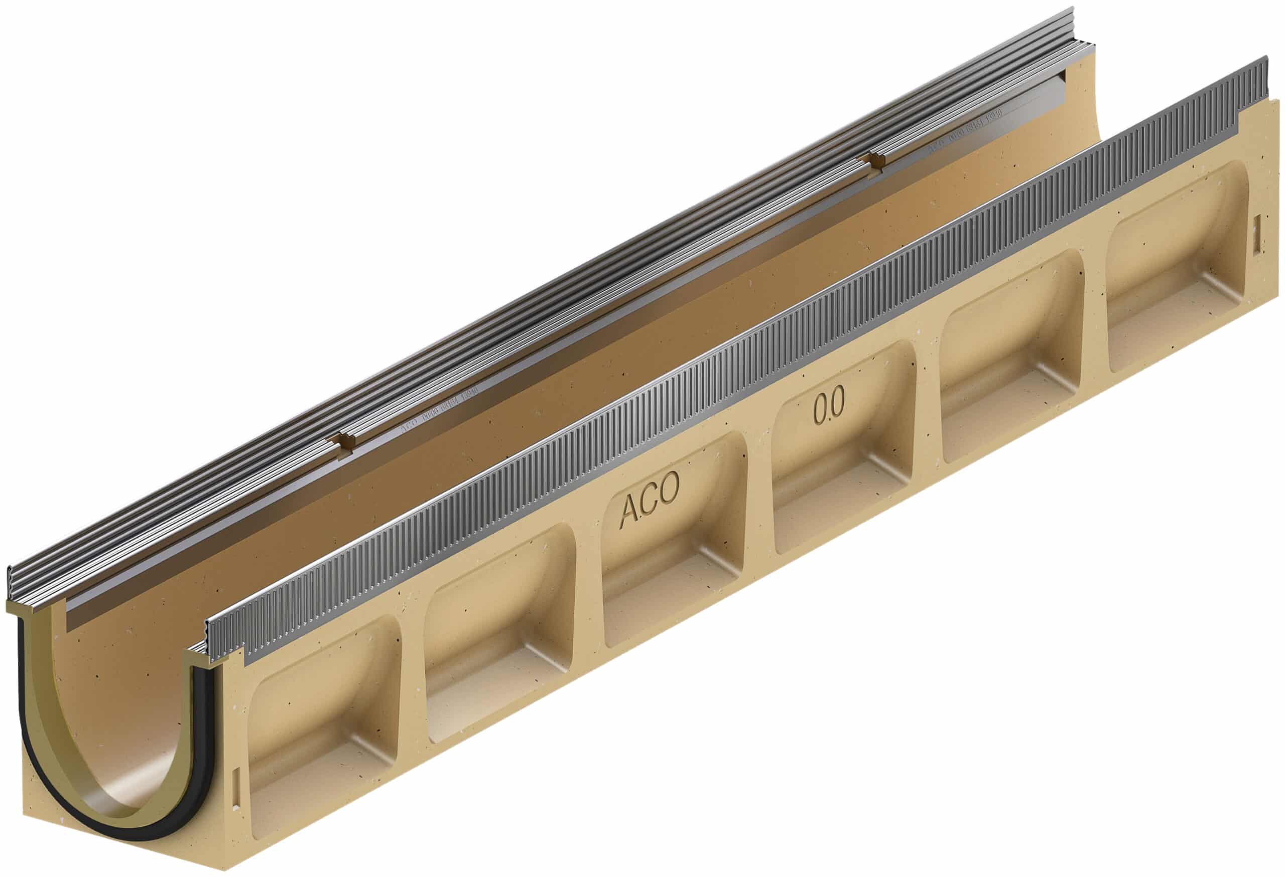 Beige long structural component with a silver ribbed metal rail running along the top edge.